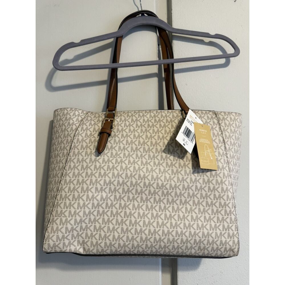 MICHAEL KORS CHARLOTTE LG 3 IN 1 TOTE SHOULDER BAG + CLUTCH MK VANILLA/BROWN - Picture 9 of 13